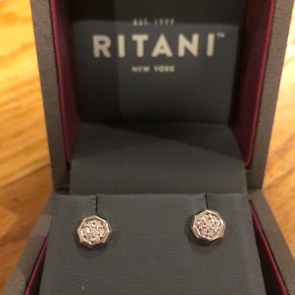 Brand new Ritani silver diamond stud earrings